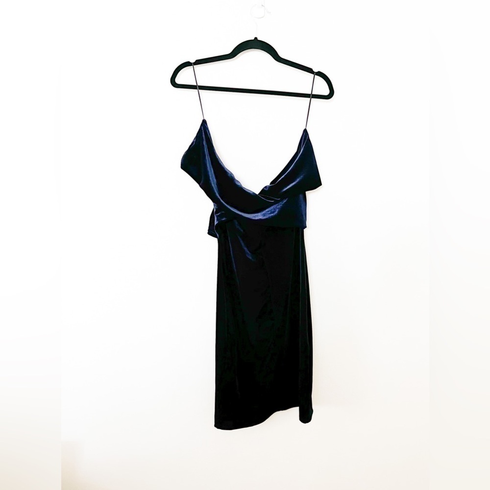 ZARA Velvet Draped Cocktail Mini Dress in Blue Velour Sz XS